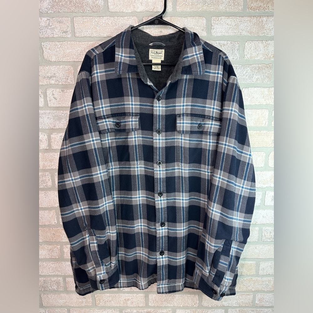 Men’s LL Bean Blue Flannel Fleece Lined Shirt Shacket Size XL - 0332